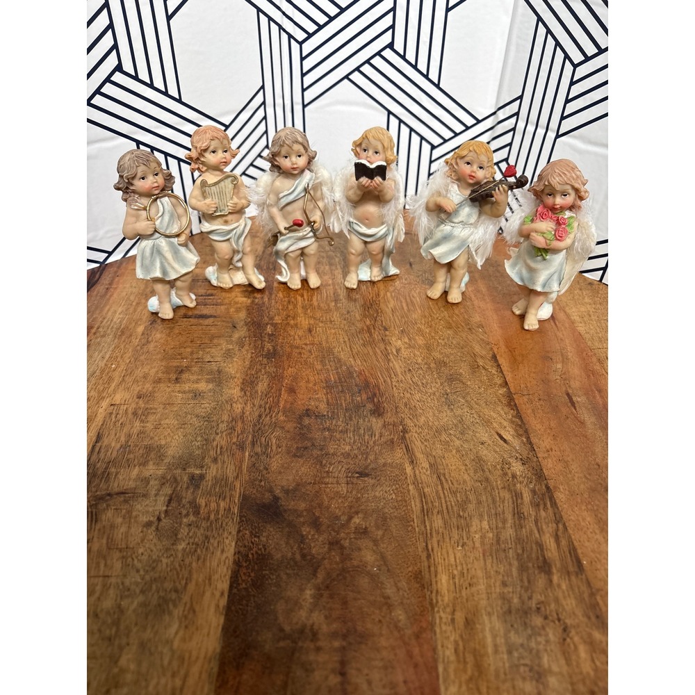 Vintage Cherub Angel Figurines Set of 6 Feather Wings Musical Instruments Heart
